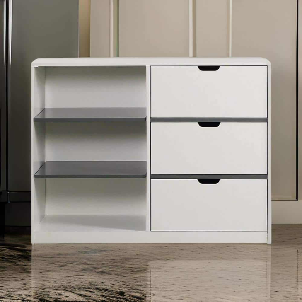 White and Gray 47" Freestanding Wood Accent Cabinet with Drawers and Shelves