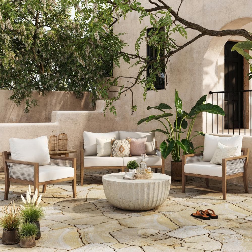 Freya Light Brown Acacia Wood Patio Loveseat with White Cushions