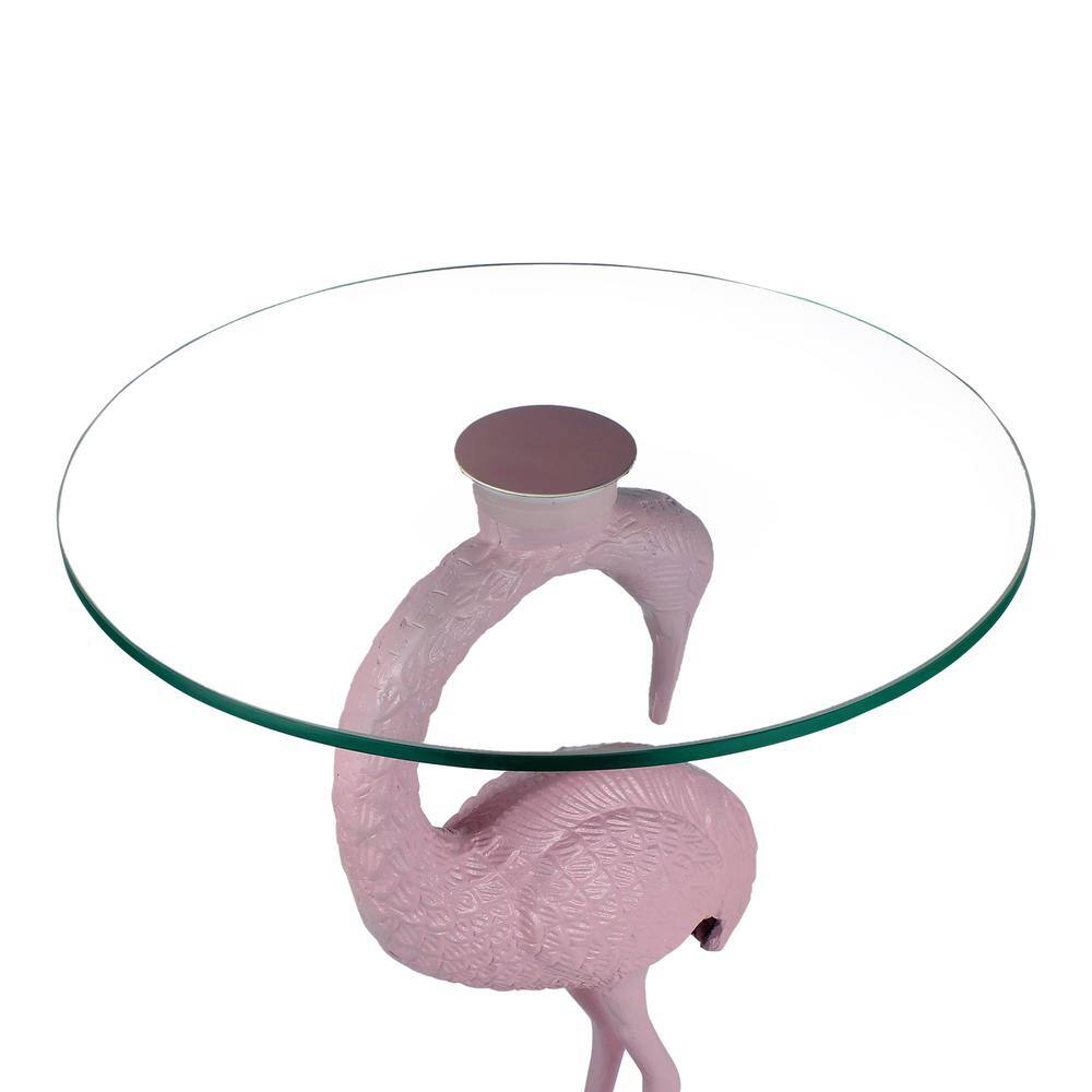 Blanche Pink Flamingo Round Glass Top Mid-Century End Table