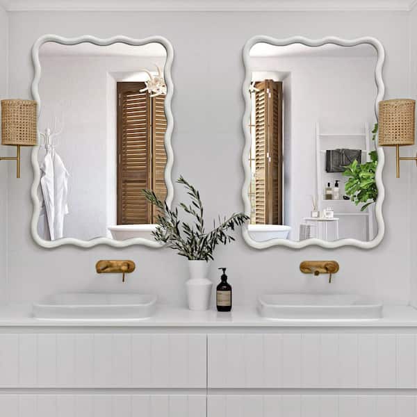 Hochwertiges 20 in. W x 30 in. H Rectangle White Wood Framed Wavy Wall Mirror (2-Pieces)