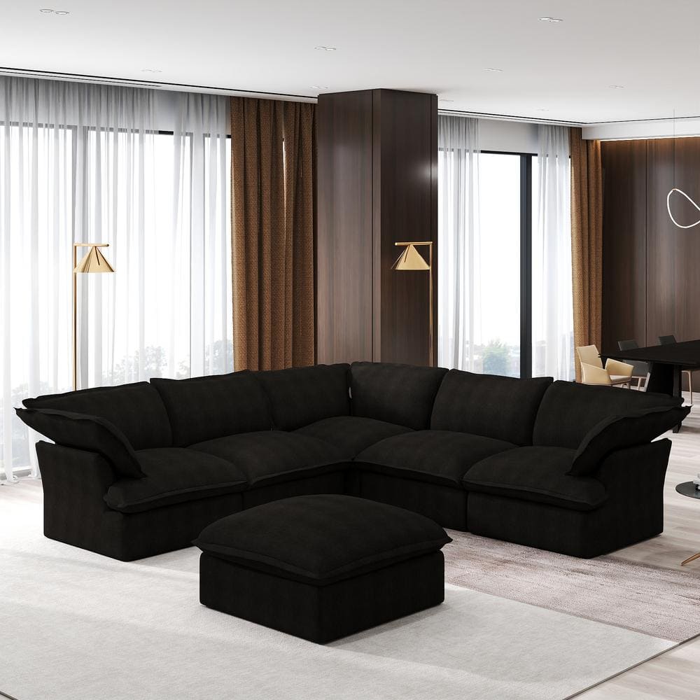 122 in. Flared Arm 5-Piece linen Modular Sectional Sofa in Black with Storage Ottoman price history on PriceWatchPro