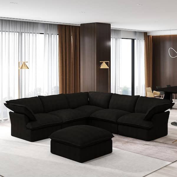 122 in. Flared Arm 5-Piece linen Modular Sectional Sofa in Black with Storage Ottoman