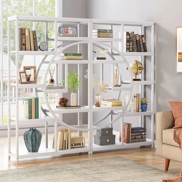BYBLIGHT Eulas 68.89 in. Tall White Wood 9-Shelf Bookcase Bookshelf with Storage Shelves for Home Office, Living Room, Set of 2
