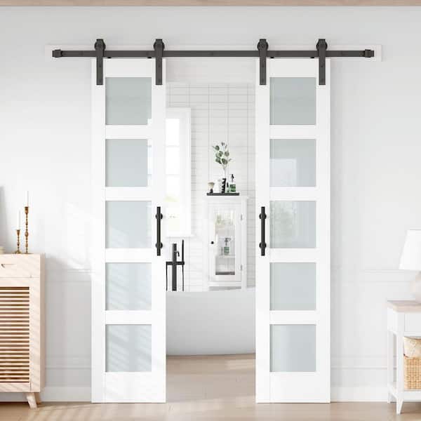 36 in. x 84 in. (Double 18 in. Doors) 5 Lite Frosted Glass White Finished MDF Sliding Barn Door with Hardware Kit