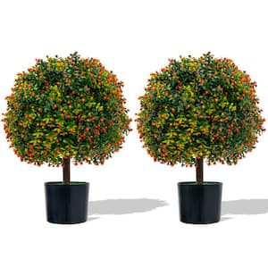 22 in. Artificial Boxwood Topiary Ball Tree 2 Pack Faux Bushes Plants with Orange Fruits & Cement Flower Pot