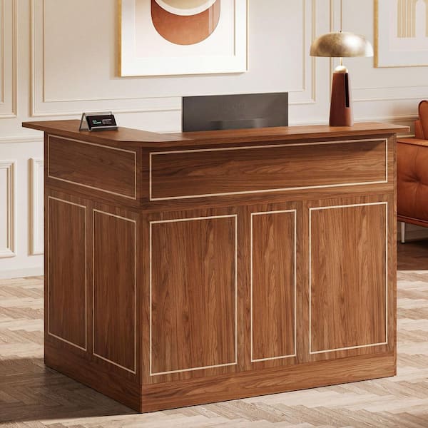 BYBLIGHT Lanita 51.2 in. L-Shaped Red Brown Wood Reception Desk