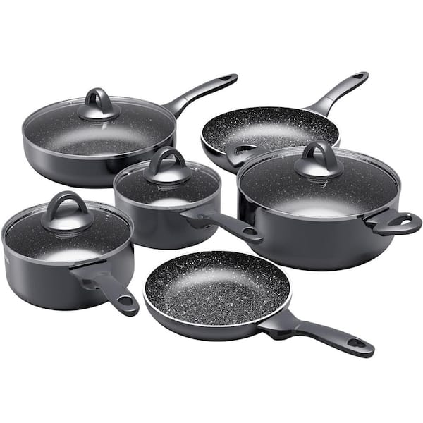 10-Piece Nonstick Cookware Set with Stockpot, Saucepans and Frying Pans, Stay-Cool Handles, Induction Compatible (Black)
