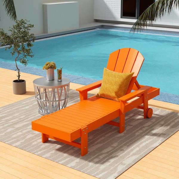 WESTIN OUTDOOR Laguna Orange HDPE Plastic Outdoor Adjustable Backrest Classic Adirondack Chaise Lounger With Arms And Wheels