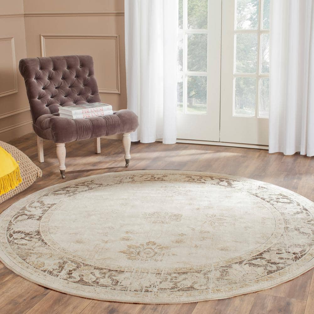 Stone and Cream Round Viscose Vintage Area Rug
