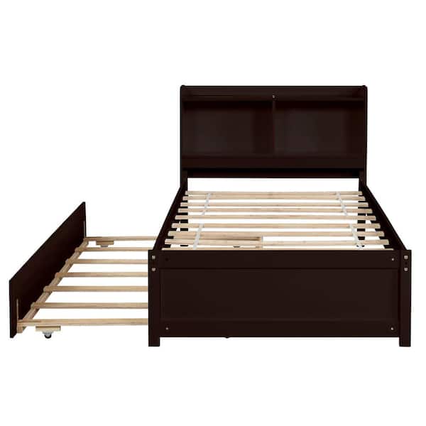 YOFE Espresso Wood Frame Twin Platform Bed with Trundle Bed, Bookcase Bed for Kids/Teens/Adults Bedroom