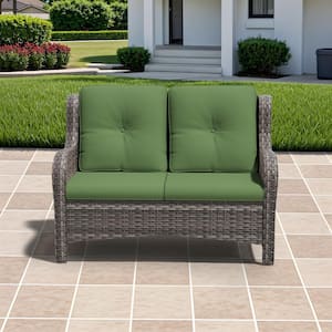 Brown Wicker Outdoor Patio Loveseat with Green Cushions