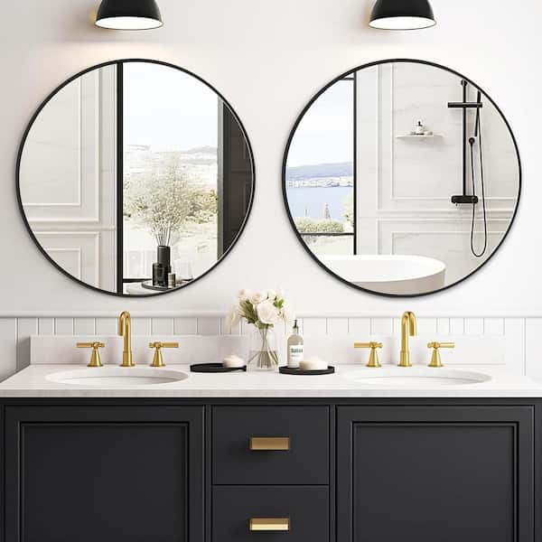 LuxHomez 24 in. W x 24 in. H Black Vanity Round Wall Mirror Aluminium Alloy Frame Bathroom Mirror (2-Pieces)