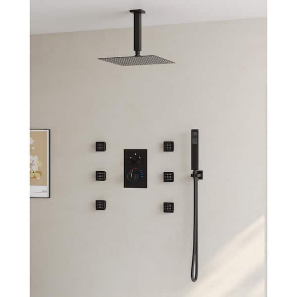 EVERSTEIN 8-Spray Patterns 2.5 GPM 12 in. Shower Head Ceiling Mount Fixed Shower Head with Handheld In Matte Black