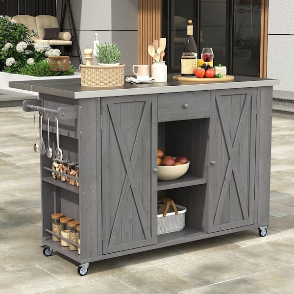 Gray Stainless Steel Top 52.25 in. Kitchen Island with Towel and Spice Racks and a Bottle Opener