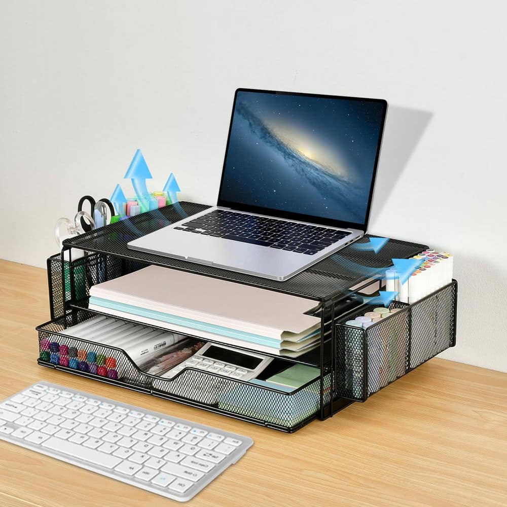 Organizing Stand Black 15.7 in. x 5 in. Metal Modern Desk Organizer Stand with Drawer ...