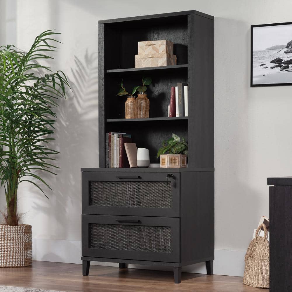 Raven Oak 2-Drawer Lockable Lateral File Cabinet with Rattan Inserts