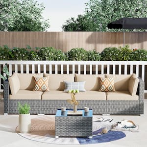 Messi Grey 5-Piece Wicker Outdoor Patio Conversation Sofa Seating Set with Beige Cushions