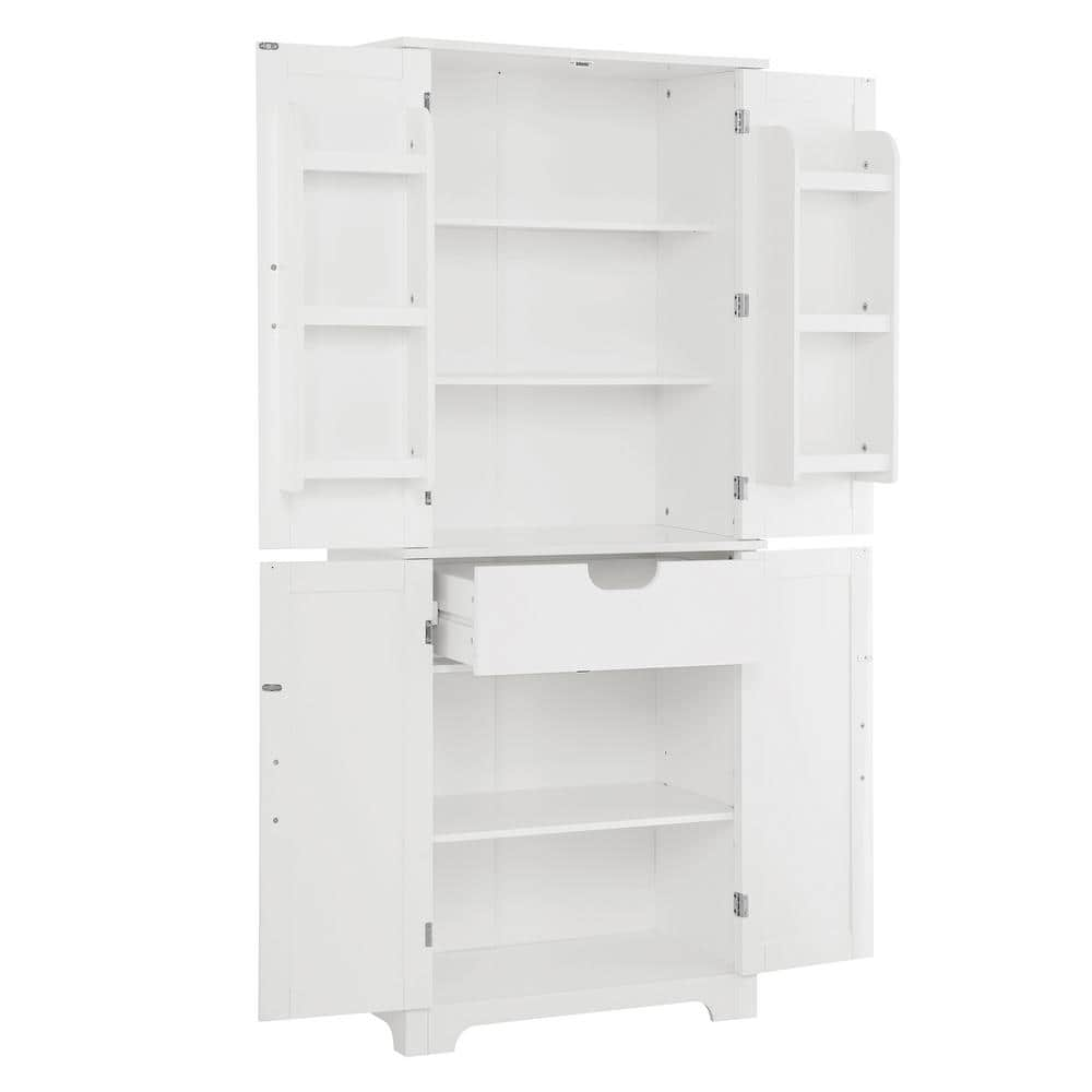 28.15 in. W x 15 in. D x 67.4 in. H White Wood Linen Cabinet with Adjustable Shelf and Storage Racks