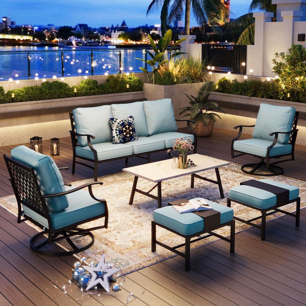 Black Meshed 7-Seat 6-Piece Metal Outdoor Patio Conversation Set with Blue Cushions and Table with Marble Pattern Top price history on PriceWatchPro