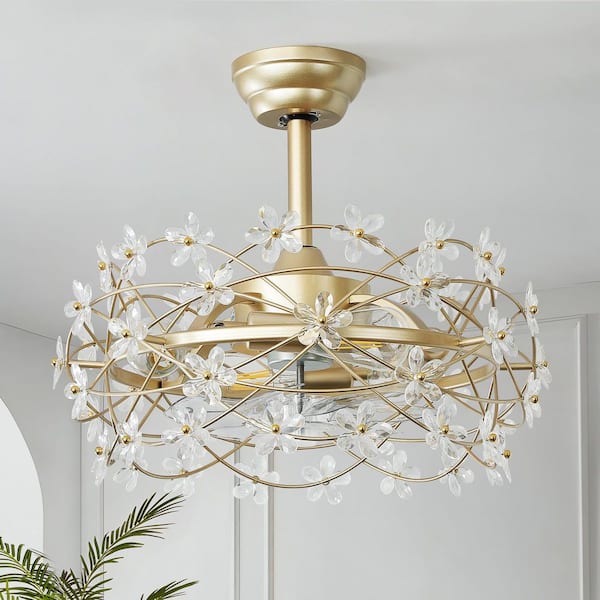20 in. Indoor Gold Modern Cage Flower Crystal Ceiling Fan with Light And Remote Control 6-Speed Reversible Motor