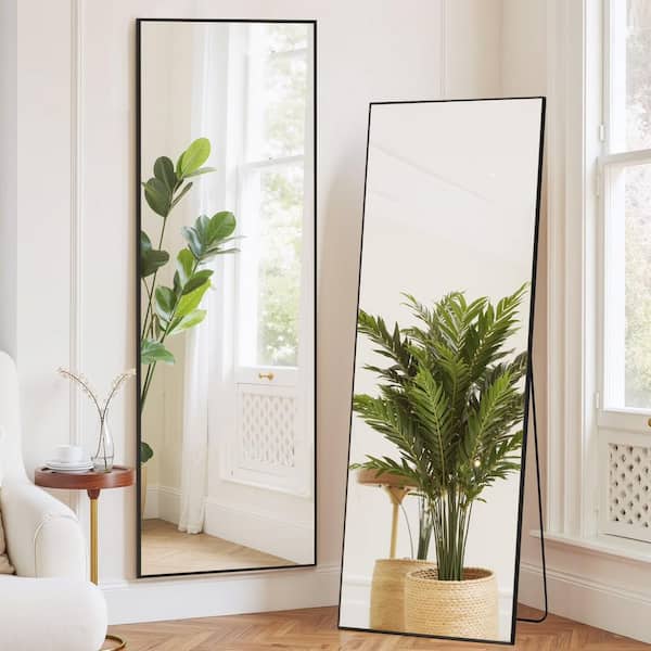 64"x 21" Full Length Rectangular Wall Mount Bathroom Vanity Mirror with Stand Aluminum Alloy Thin Frame in Black