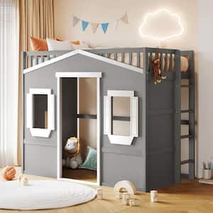 Gray with White Twin Size Wood House Loft Bed with Ladder