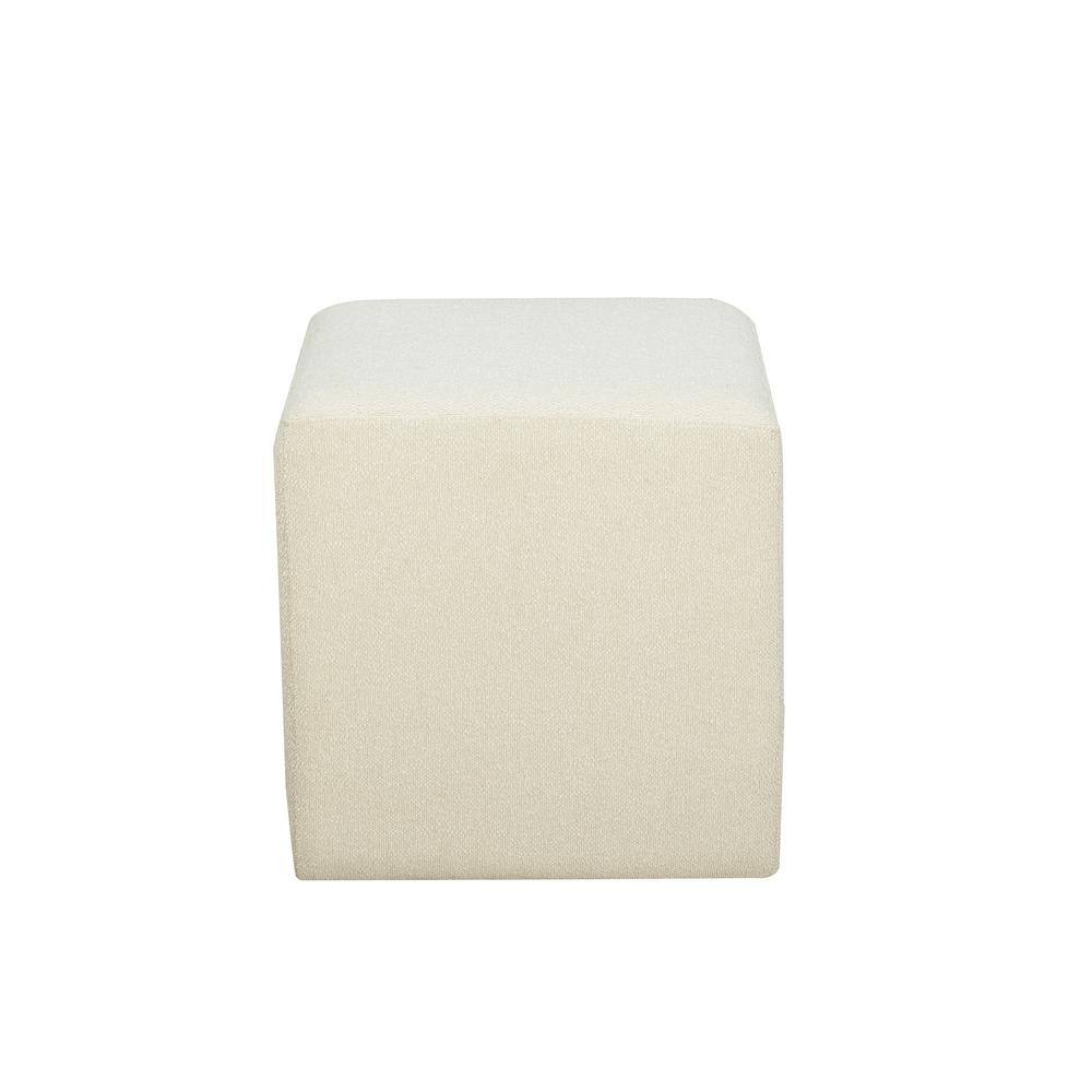Ivory Boucle Square Ottoman with Rubberwood Frame