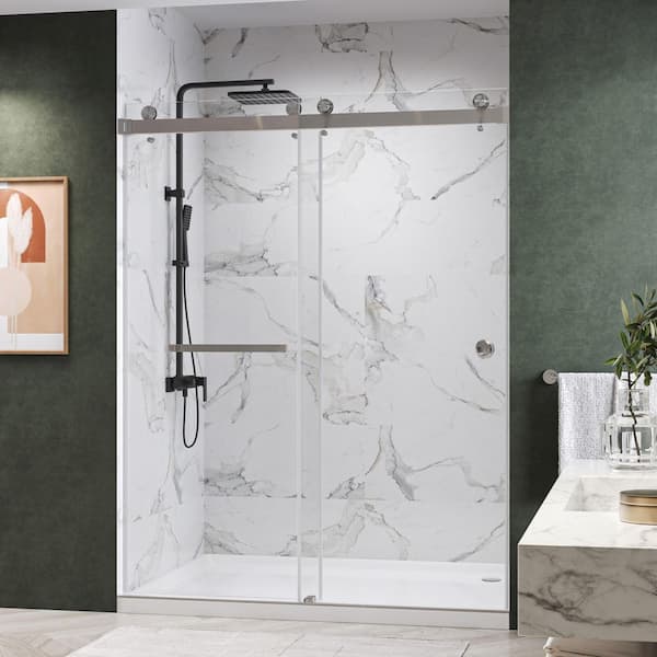 Catalyst FP 60 in. W x 84 in. H Double Sliding Frameless Shower Door in Brushed Nickel with 3/8 in. Clear Glass