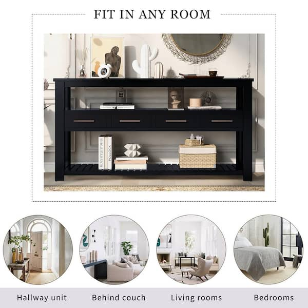 Eileen 62.2'' Console Table, Storage Sofa Table with Drawers and Shelves Wildon Home Color: Black