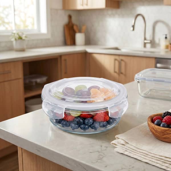 Round Glass Food Storage Container with Lid 620ml 2.6 Cup