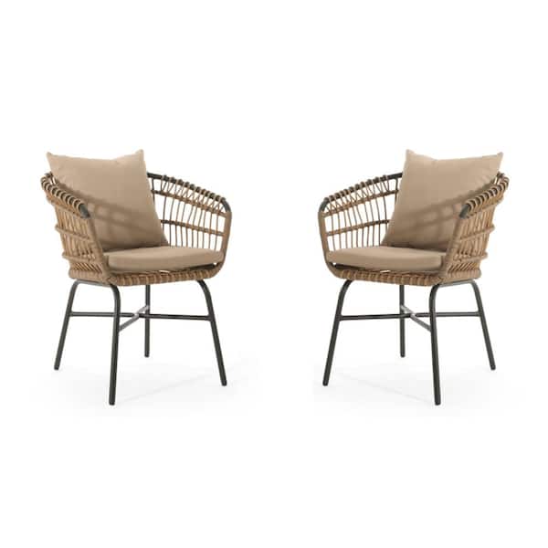 Misopily 2-Piece Beige PE Wicker Outdoor Dining Chairs with Beige Cushions and Pillows for Patio, Balcony and Backyard