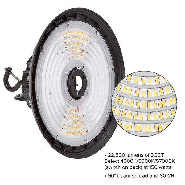 Maxxima 10 in LED UFO High Bay Light Fixture, 22,500 Lumens, 3 CCT 4000K-5700K, Selectable Wattage 100-150, Black, Hardwired