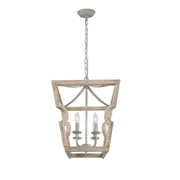 4-Light Modern Rustic Vintage Grey Wood Lantern Cage Chandelier