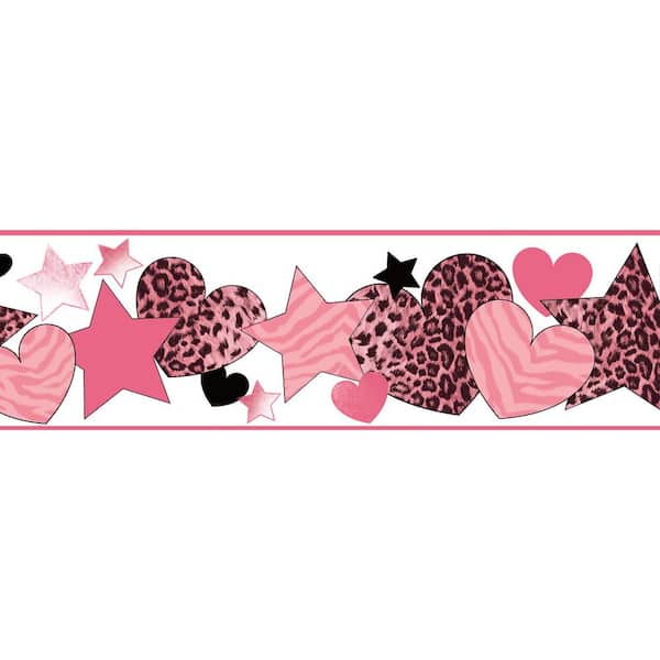 Chesapeake Diva Pink Cheetah Hearts Stars Pink Wallpaper Border