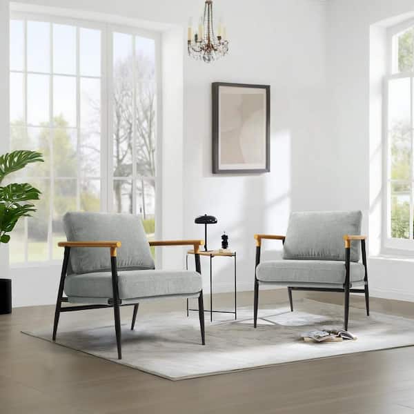 Uixe Modern Light Gray Cotton Fabric Upholstered Arm Chair with Metal Legs(Set of 2)