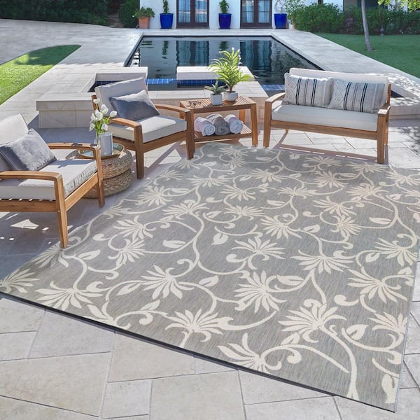 Paseo Polynesian Pareau Gray/Cream 6 ft. x 9 ft. Floral Indoor/Outdoor Area Rug