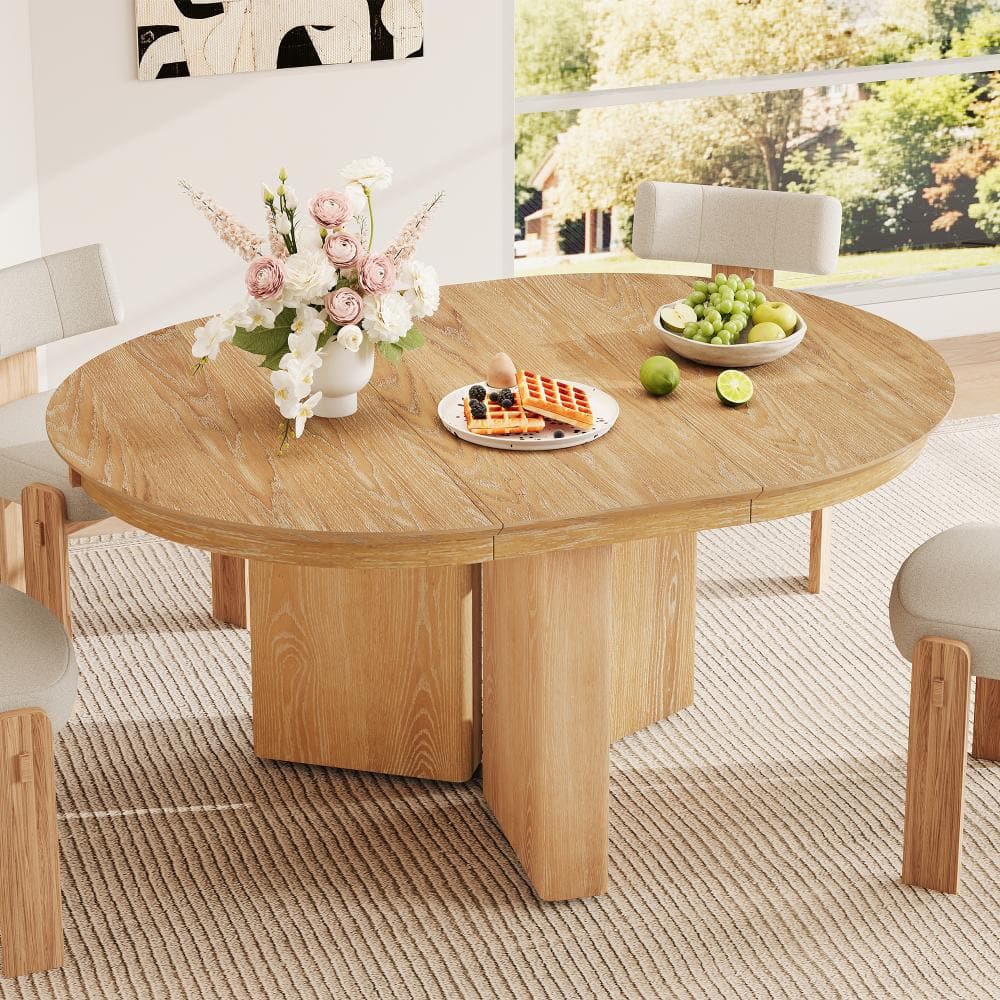 Natural Oval Wood Extendable Dining Table with Pedestal Base and Adjustable Foot Pads