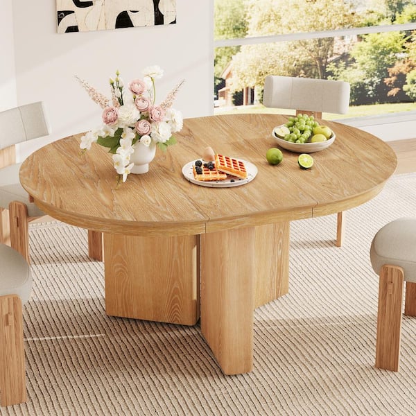 Natural Oval Wood Extendable Dining Table with Pedestal Base and Adjustable Foot Pads