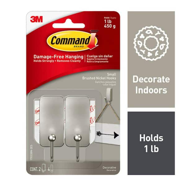 Command 1 lb. Small Brushed Nickel Hooks (2 Hooks, 4 Strips)