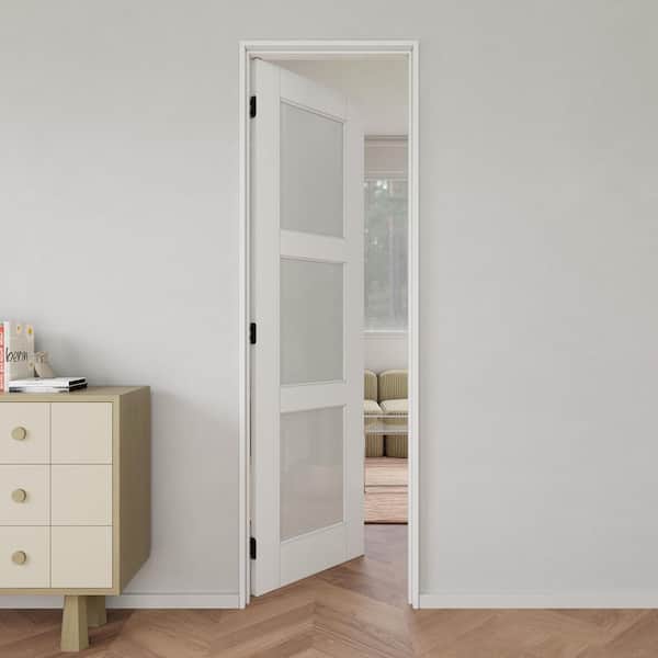 24 in. x 80 in. 3-Lite Frosted Glass Left White Solid Core Glass Single Prehung Interior Door with Quick Assemble Jamb