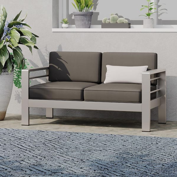 Harper & Bright Designs Silver Aluminum Outdoor Loveseat with Dark Khaki Cushions