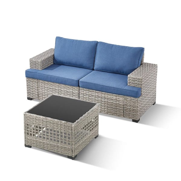 ModuVine Taupe 3-Piece Wicker Outdoor Sectional Furniture Set, Patio Sectional Sofa with Blue Cushions and Coffee Table