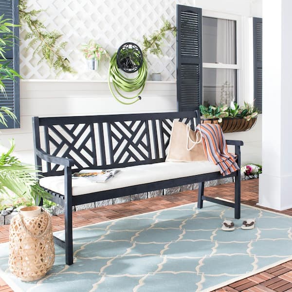 SAFAVIEH Bradbury 60.6 in. 3-Prson Dark Slate Gray Acacia Wood Outdoor Bench with Beige Cushion
