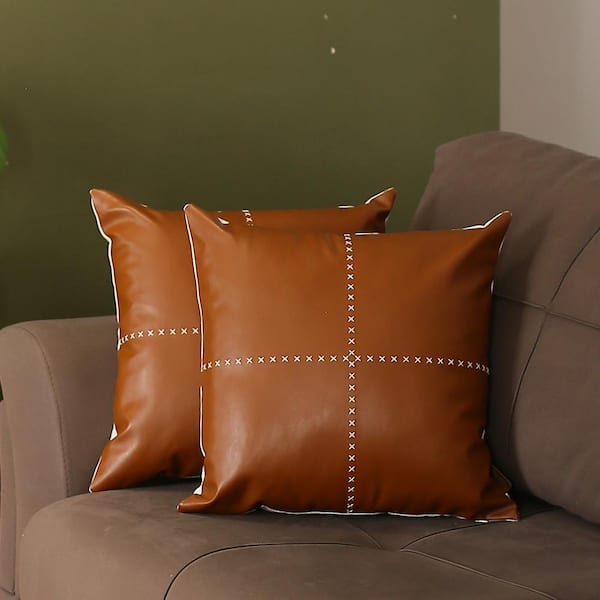 Mike&Co. New York Boho Embroidered Handmade Set of 2 Throw Pillow 18 x 18 Vegan Faux Leather Solid Brown & Beige Square for Couch, Bedding - Brown