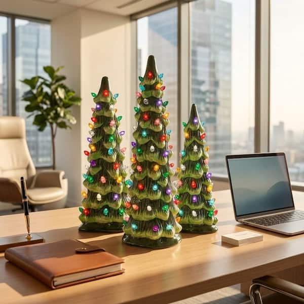 8 in. Green Mini Tabletop Ceramic Christmas Tree Set - 3 Pack