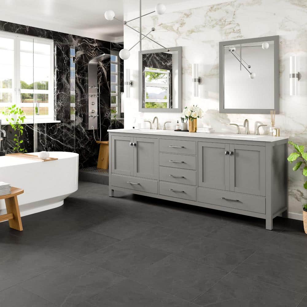 Aberdeen 84" Gray Double Sink Vanity with Carrara Marble Top