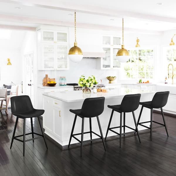35 in. Black Low Back Metal Frame Cushioned Counter Height Bar Stool with Faux Leather Seat (Set of 2)
