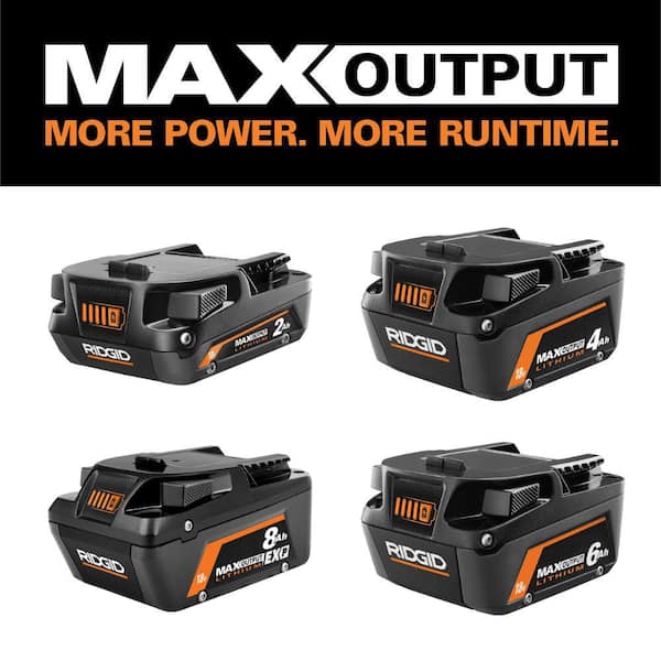 RIDGID 18V Lithium-Ion MAX Output 8.0 Ah, MAX Output 6.0 Ah, MAX Output 4.0 Ah, and MAX Output 2.0 Ah Batteries