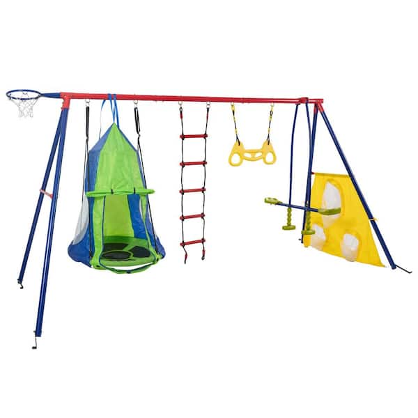 Unbranded Blue and Green Kids Metal Swing Set for Backyard with Net Swing and Face to Face Metal Plastic Safe Swing Seat