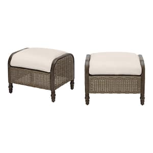 Windsor Brown Wicker Outdoor Patio Ottoman with CushionGuard Almond Tan Cushions (2-Pack)